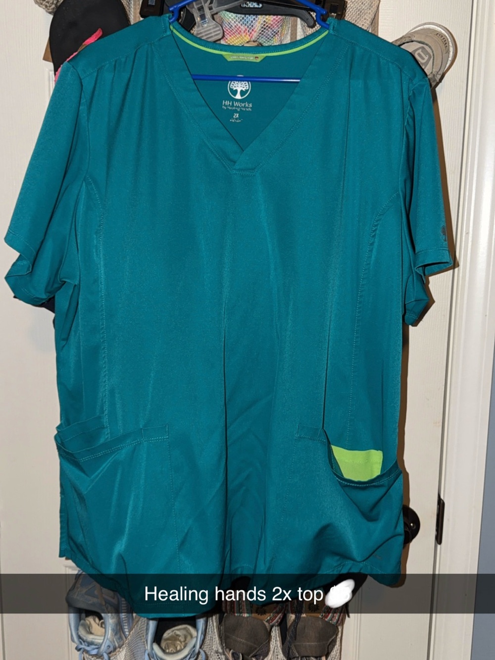 healing hands Teal Scrub Top with Lime Pocket Accent